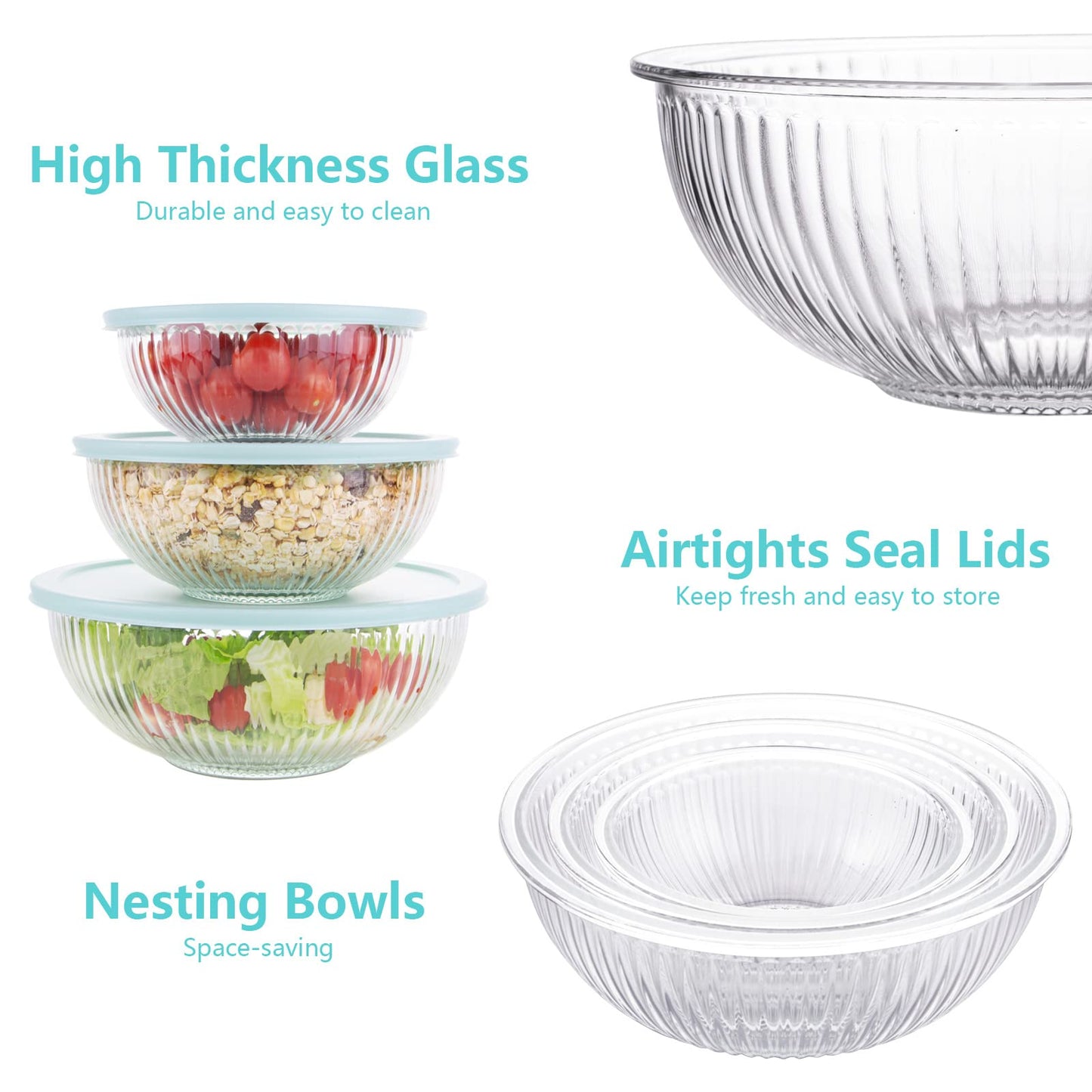 WhiteRhino Glass Mixing Bowls with Lids Set of 3(3.7QT, 2.1QT, 1.1QT),Large Kitchen Salad Bowls, Space-Saving Nesting Bowls, Clear Glass Serving Bowls for Cooking,Baking,Prepping,Dishwasher Safe