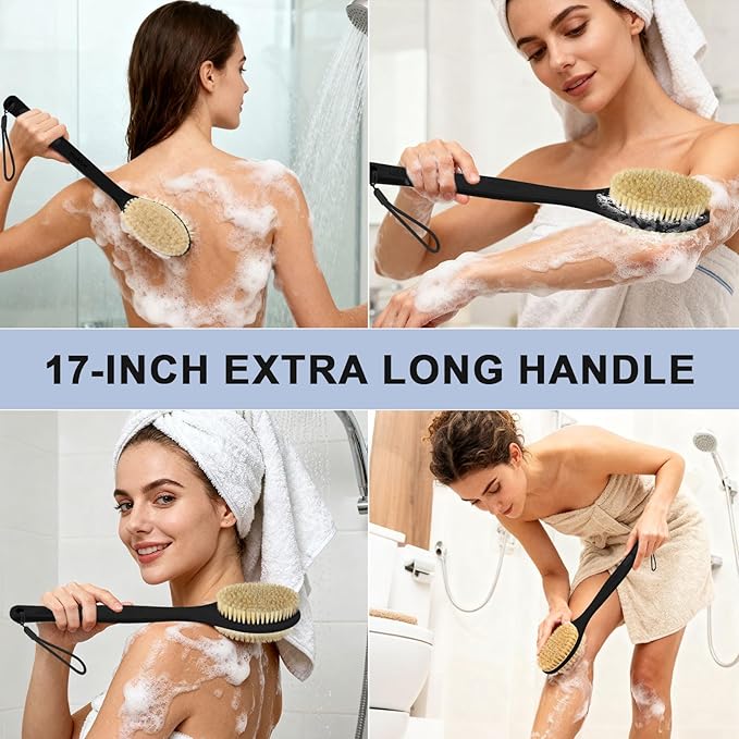 Back Scrubber for Shower with Long Handle, Exfoliating Bath Brush for Body - Double Sided Bristles (Stiff & Soft), Anti-Slip Grip, Lightweight - Gift for Seniors, Includes Lanyard & Hook,Black