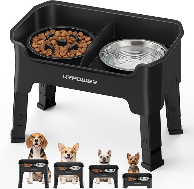 URPOWER Mess Proof Slow Feeder Dog Bowls 4 Height Adjustable Elevated Bowl Stand with Stainless Steel Water Bowl and Slow Feeder Non-Slip Dog Food Bowls Stand for Small & Medium Dogs