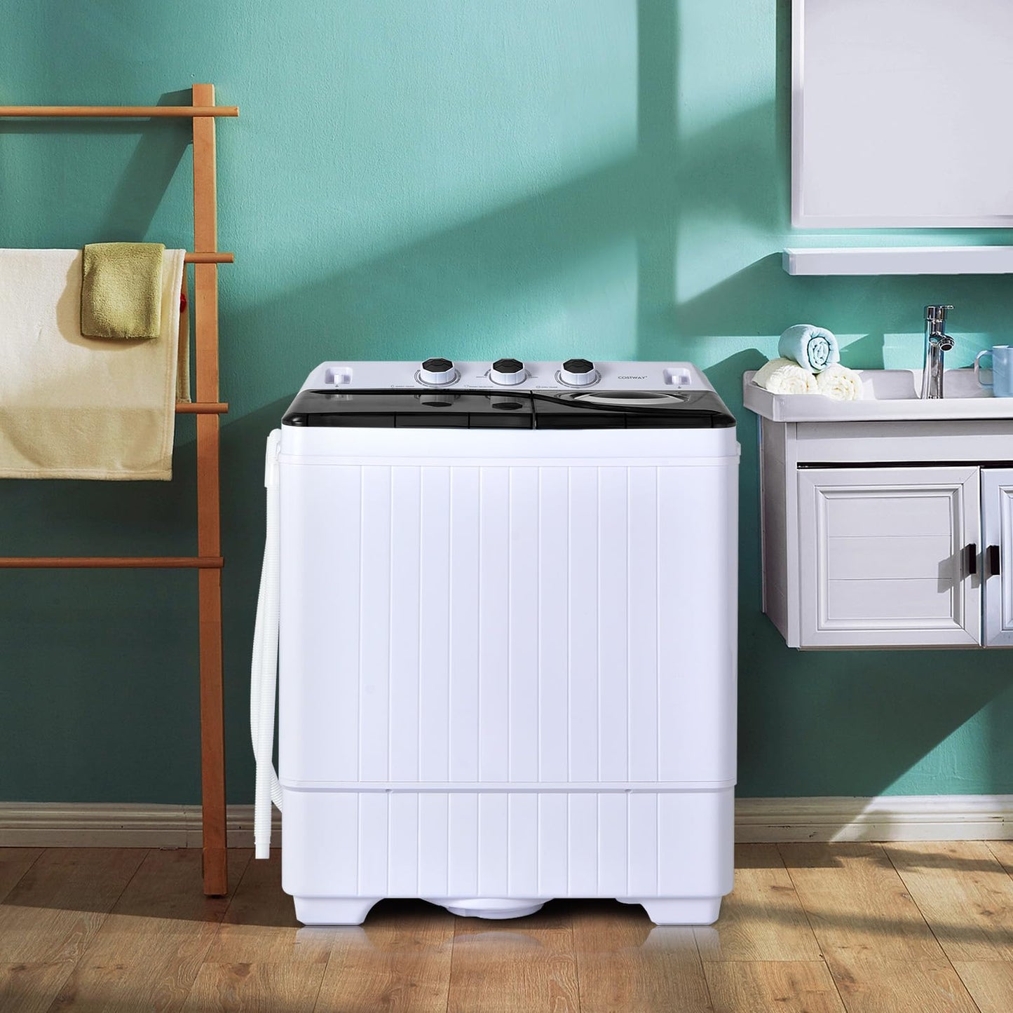 COSTWAY Portable Washing Machine, 2-in-1 Twin Tub 26lbs Capacity Laundry Washer(18lbs) and Spinner(8lbs) with Control Knobs, Timer Function, Drain Pump, Perfect for Home Apartment RV, Black