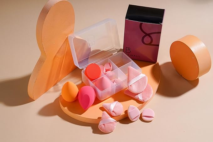 Makeup Sponge Set BS-MALLTriangle Puff 14 Pcs for Liquid, Cream, and Powder, Multi-colored Makeup Sponges and Mini Makeup Sponge (Orangepink)