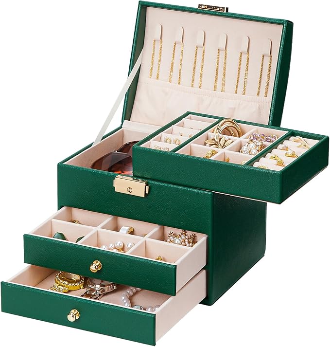 Homde Girls Jewelry Box with Lock: 3 Layer Organizer with Removable Tray - Storage for Ring Necklace Earring - Birthday & Return Gifts for Young Women (Midnight Green)