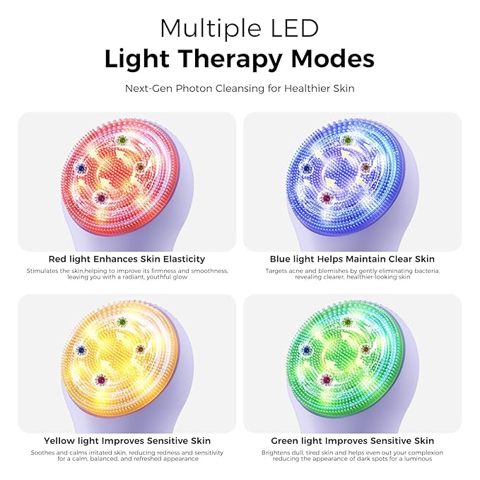 Face Scrubber Facial Cleansing Brush - Waterproof and Rechargeable Face Cleansing Brush with 4 LED Gentle Light, Cleansing, Exfoliating and Massaging, Electric Face Scrub Brush for Men & Women