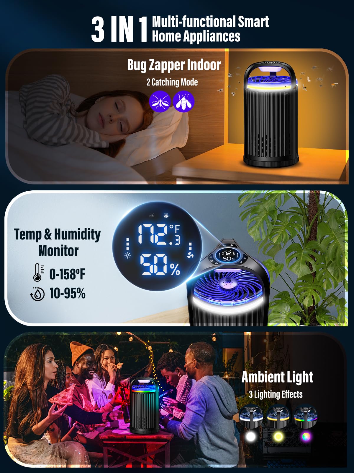 Fly Trap Indoor - Fruit Fly Traps for Indoors, Gnat Traps for House Indoor with 3-in-1 Multi-Insect Catching + UV&Blue Light + Fan Suction, Ideal for Garage/Kitchen/Patio/Plant Pots, 10 Refills, Black