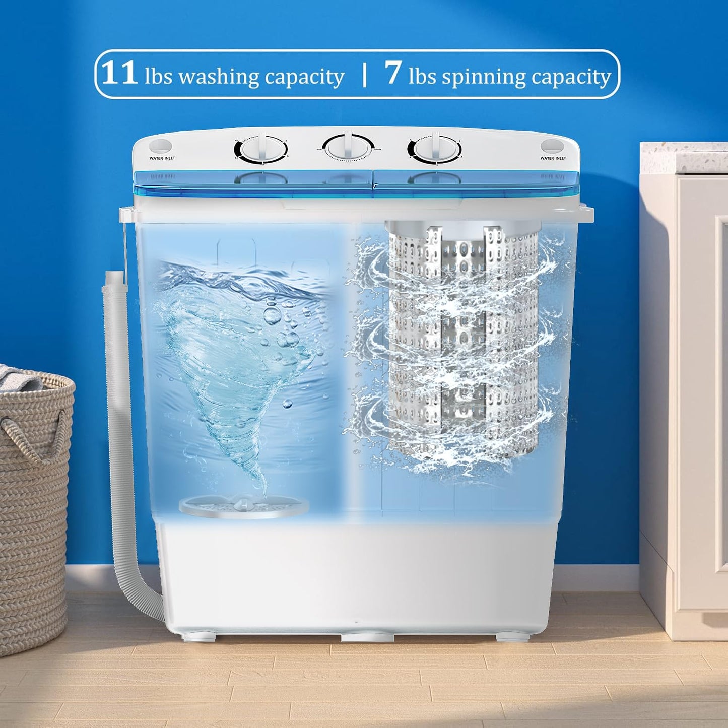 Erivess Portable Twin Tub 18lbs Washing Machine with Drying Rack, 11lbs Washer Mini Compact Laundry Machine with 7lbs Spinner, Semi-automatic Washer Combo for Dorms, Apartments