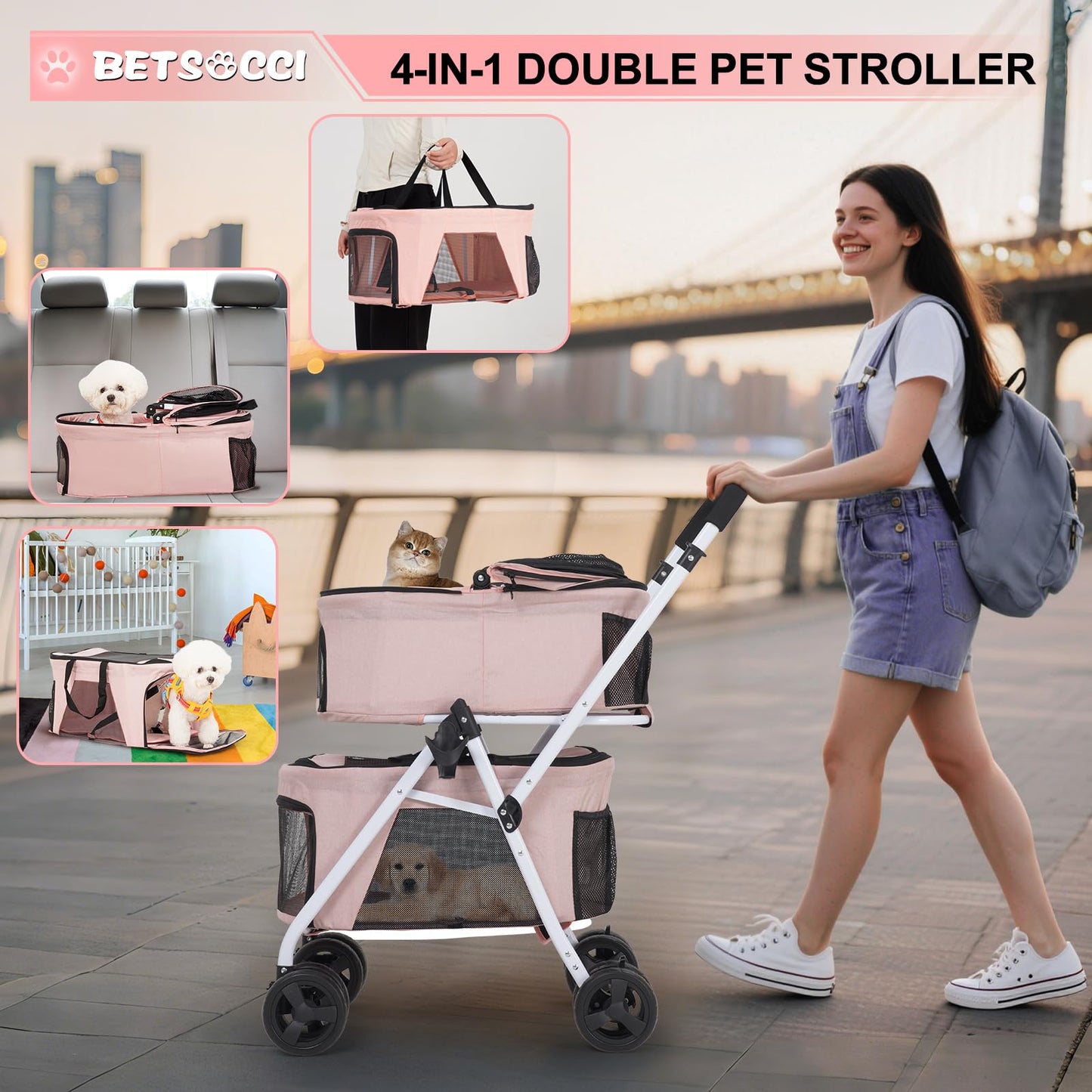 BETSOCCI Double Dog Stroller with 2 Detachable Carrier, Portable Pet Stroller for Small Dogs & Cats Folding Lightweight Puppy Travel Carriage, 4 Wheels, Pink