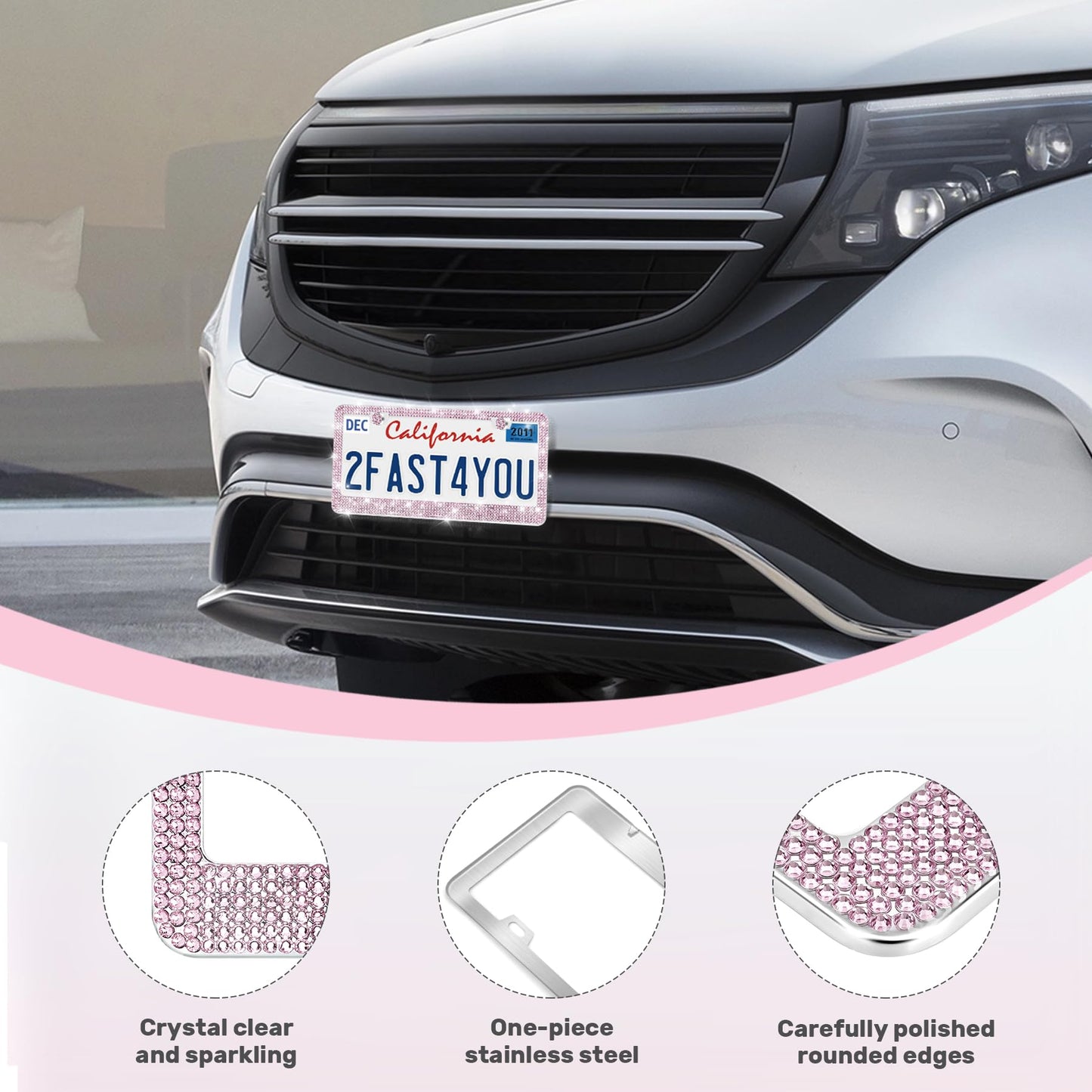 QUANQIUFEI 2 Pack Bling License Plate Frames, Sparkly Rhinestone Diamond Car License Plate Cover for Women, Stainless Steel Car Accessories with Glitter Crystal Caps (Light Rose)
