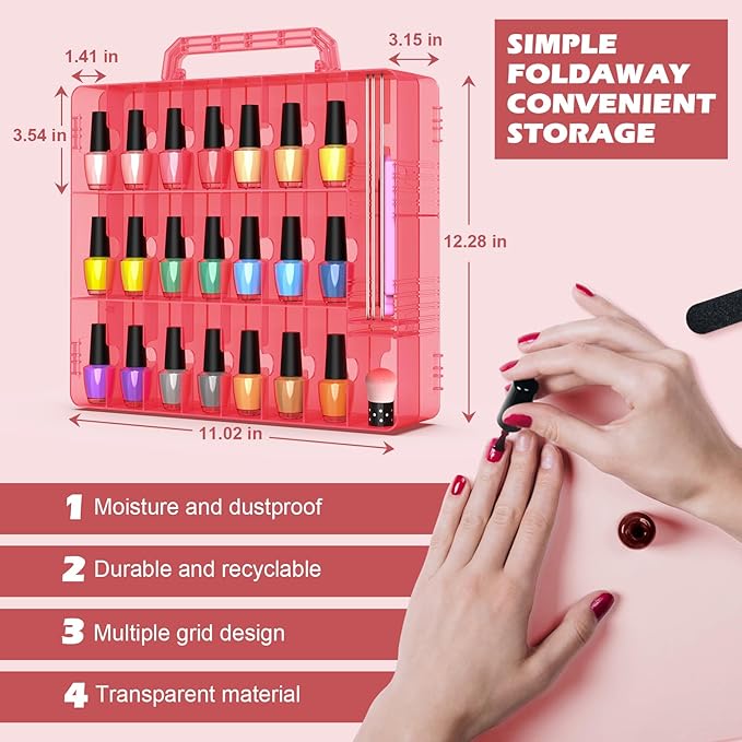 Beloving 2pcs Nail Polish Organizer, Portable 48 Bottles Clear Nail Polish Holder with Adjustable Divider, Gel Nail Polish Storage Double Side Nail Polish Organizer Case for Nail Tech Pink