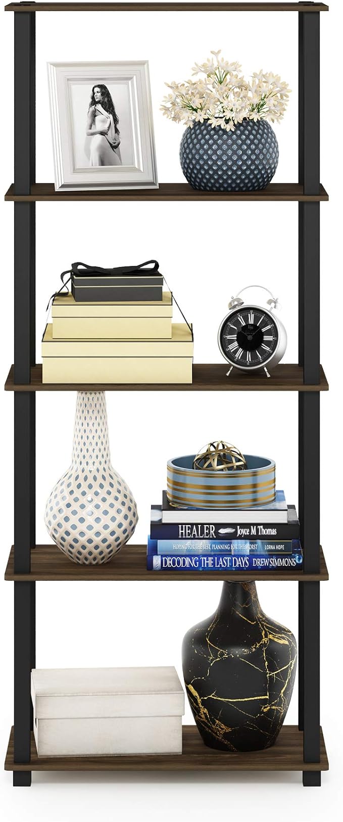 Furinno TURN-S-TUBE Book Shelf, 5-Tier Toolless Storage Shelves with Square Tubes, Shelving Unit for Organization and Storage for Living Room, Home Office, Columbia Walnut