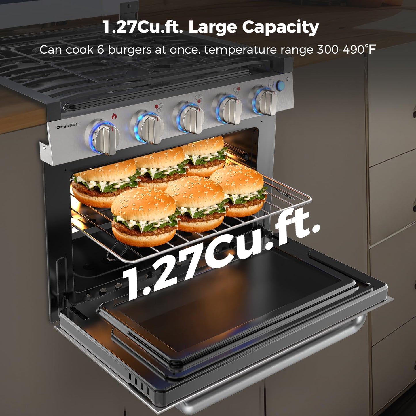 CAMPLUX Classic RV Propane Range 17 Inches, Propane Range Oven with 3 Burners Cooktop for RV, RV Propane Stove Oven Combo 28,100 BTU/Hr, Stainless Steel RGS17MSF