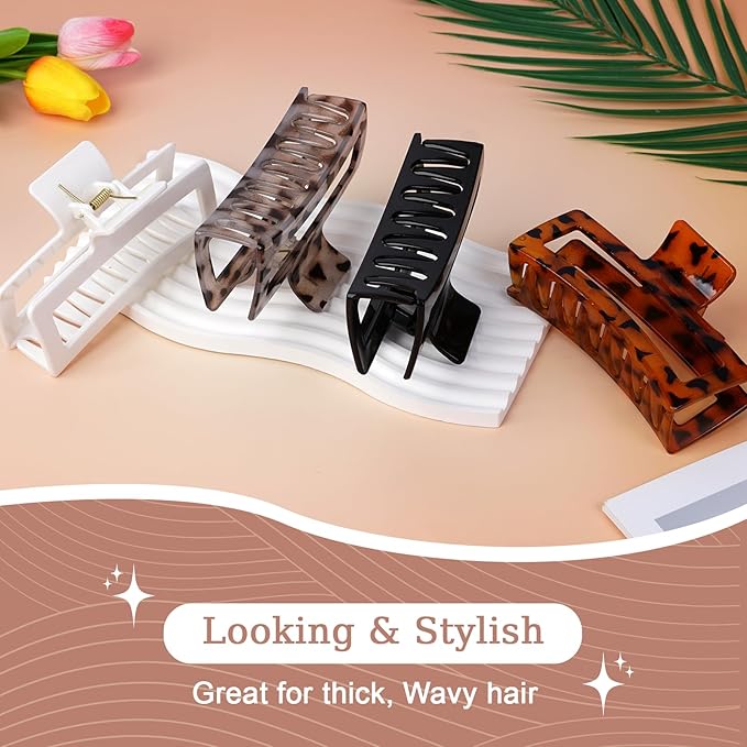 5 Inch XL Jumbo Claw Clips for Thick and Long Hair, 4-Pack Oversized Glossy Leopard Rectangle Hair Clips for Women, Strong Hold Non-Slip Jaw Clips, Dark & Light Leopard