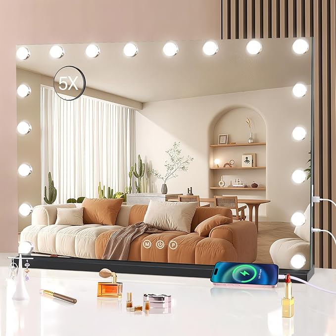 Vanity Mirror with Lights, 31.5" x 23.6" Large Makeup Mirror with LED Lights, Smart Touch Dimmable 3-Color Light, Memory Function, USB Charging Port Black