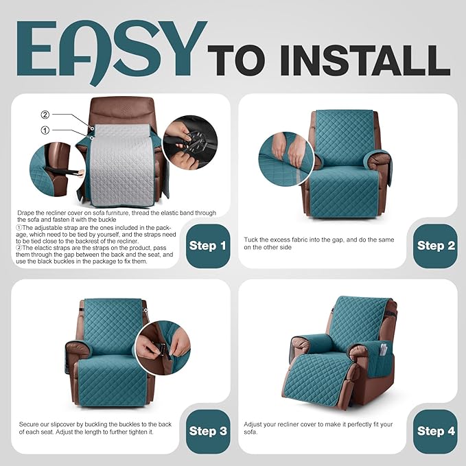 KinCam 100% Waterproof Recliner Chair Cover, Reclining Couch Covers for Pets, Dogs, Recliner Couch Slipcover Furniture Protector with Elastic Straps for Kids(23.6", Peacock Blue)