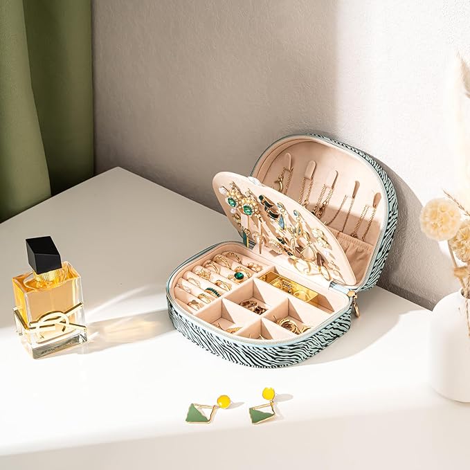ProCase Travel Size Jewelry Box, Medium Portable Seashell-Shaped Jewelry Case, 2 Layer Jewelry Organizer in PU Leather for Women -Stripe