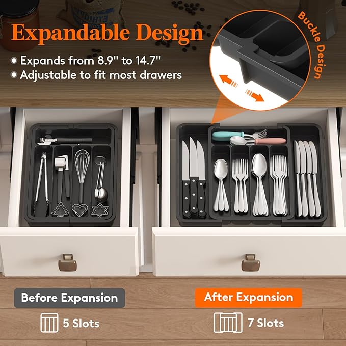 Lifewit Silverware Drawer Organizer, Expandable Utensil Tray for Kitchen, BPA Free Flatware and Cutlery Holder, Adjustable Plastic Storage for Spoons Forks Knives, 8.9-14.7 x 12.2", Black