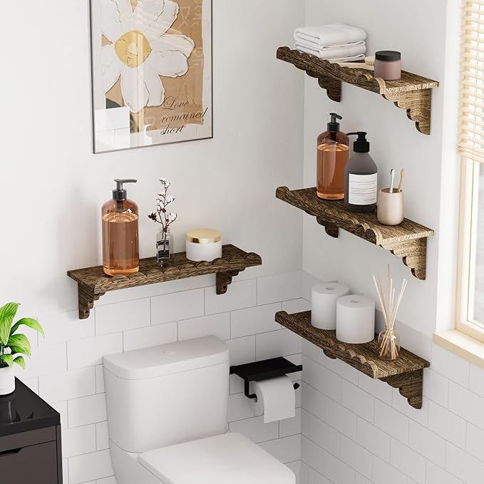 QsQueen Scalloped Wood Wall Shelf Ã¢ÂÂ 17 Inch Floating Shelf with Wood Brackets, Easy to Install Rustic Wall Shelf for Living Room, Bedroom, Bathroom, or Any Space