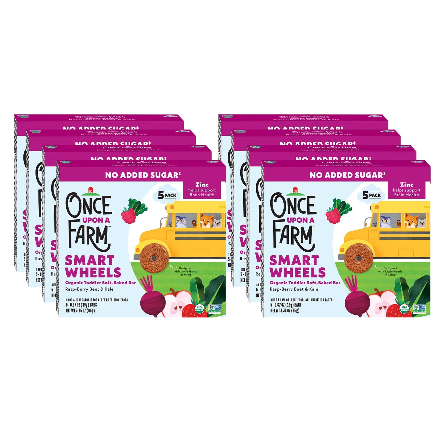 Once Upon A Farm Organic Toddler Soft Baked Bar, Rasp-Berry, Beet and Kale, Smart Wheels Shaped, Non GMO, Kosher, 3.35 Ounces (Pack of 8)