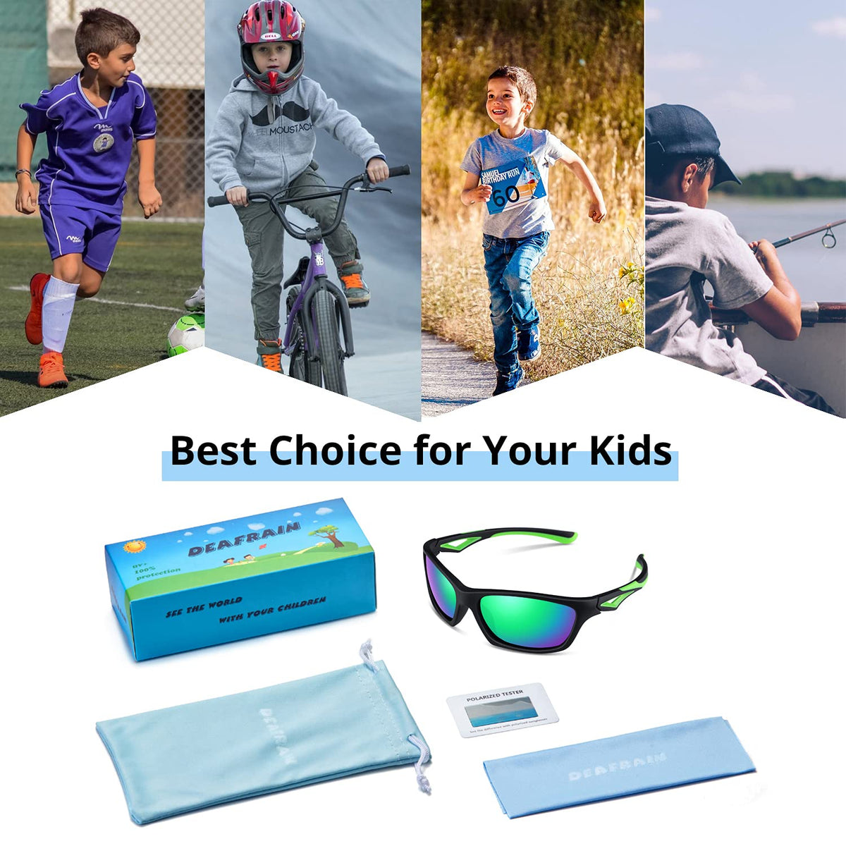 DEAFRAIN Kids Sunglasses for Boys Girls Polarized Child Toddler Sport Baseball Softball Cycling Green Sun Glasses age 3 4 5 6 7