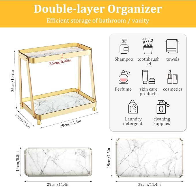 Bathroom Counter Organizer - 2-Tier Acrylic Makeup Organizer Countertop with Marble Tray, Perfume Organizer & Vanity Organizer, Makeup Tray Shelf for Skincare, Cosmetics Display, Gold
