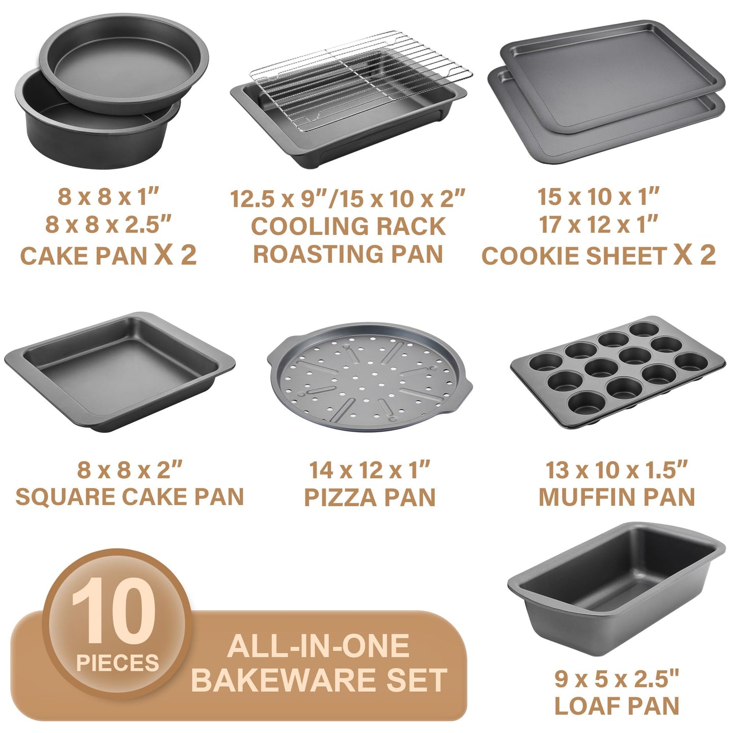 HONGBAKE Bakeware Sets, Baking Pans Set with Kitchen Utensils, Nonstick Oven Pan with Wider Grips, 17 Pieces Including Rack, Cookie Sheet, Cake, Loaf, Muffin, Pizza Pan