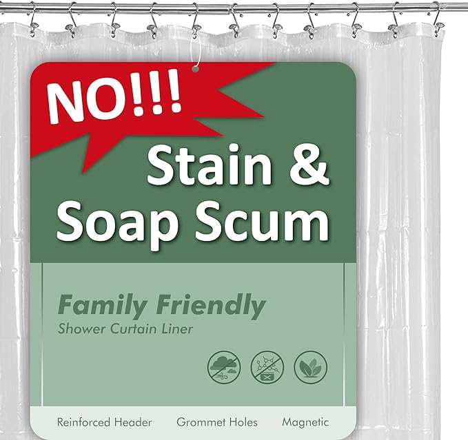 Barossa Design Plastic Shower Liner Clear - Premium PEVA Shower Curtain Liner with Rustproof Grommets and 3 Magnets, Waterproof Cute Lightweight Standard Size Bathroom Curtains - Clear