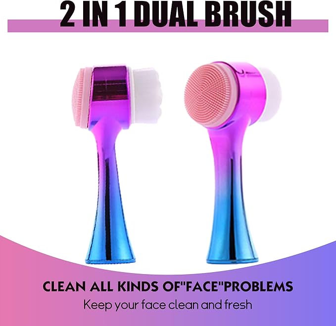 Facial Cleansing Brush 2 in 1Double-Sided Facial Cleaning Brush with Soft Bristles for Deep Pore Exfoliation, Wash Makeup, Massaging (Blue&Purple5PCS)