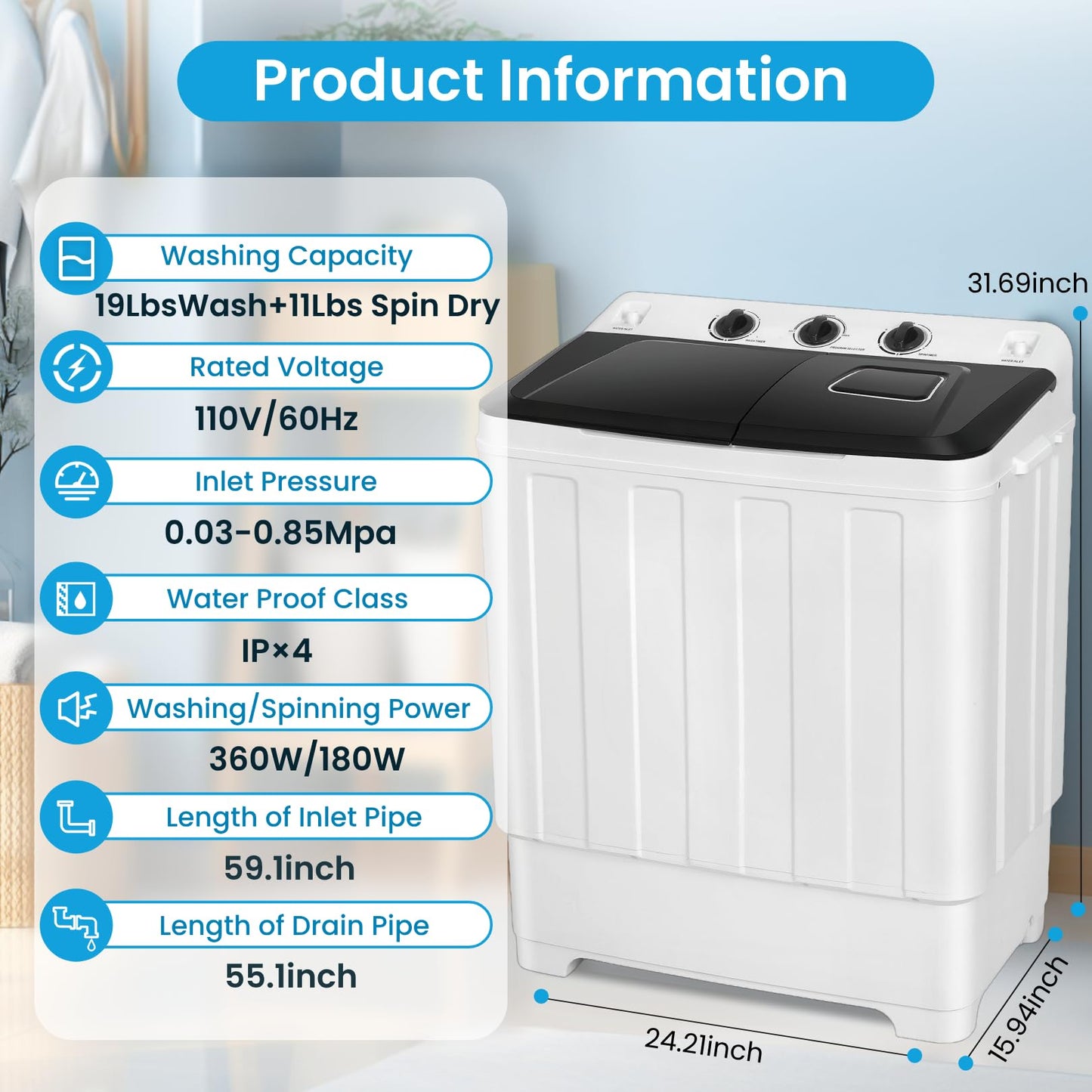 Nictemaw Portable 30Lbs Twin Tub Washing Machine Washer and Dryer Combo, Compact Laundry Machine with Drain Pump, Time Control, Semi-Automatic 19Lbs Washer and 11Lbs Spinner for Apartment Dorms RV