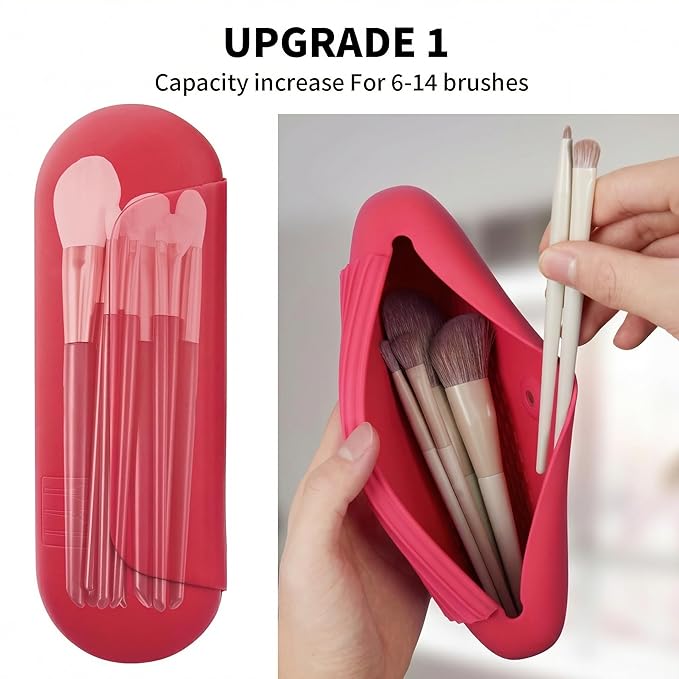 Silicone Makeup Brush Holder Travel Cosmetic Bag：Soft Portable Cosmetic Face Brushes Holder with Upgrade Anti-Fall Out Magnetic Closure, Large Travel Makeup Brush Case - Carmine