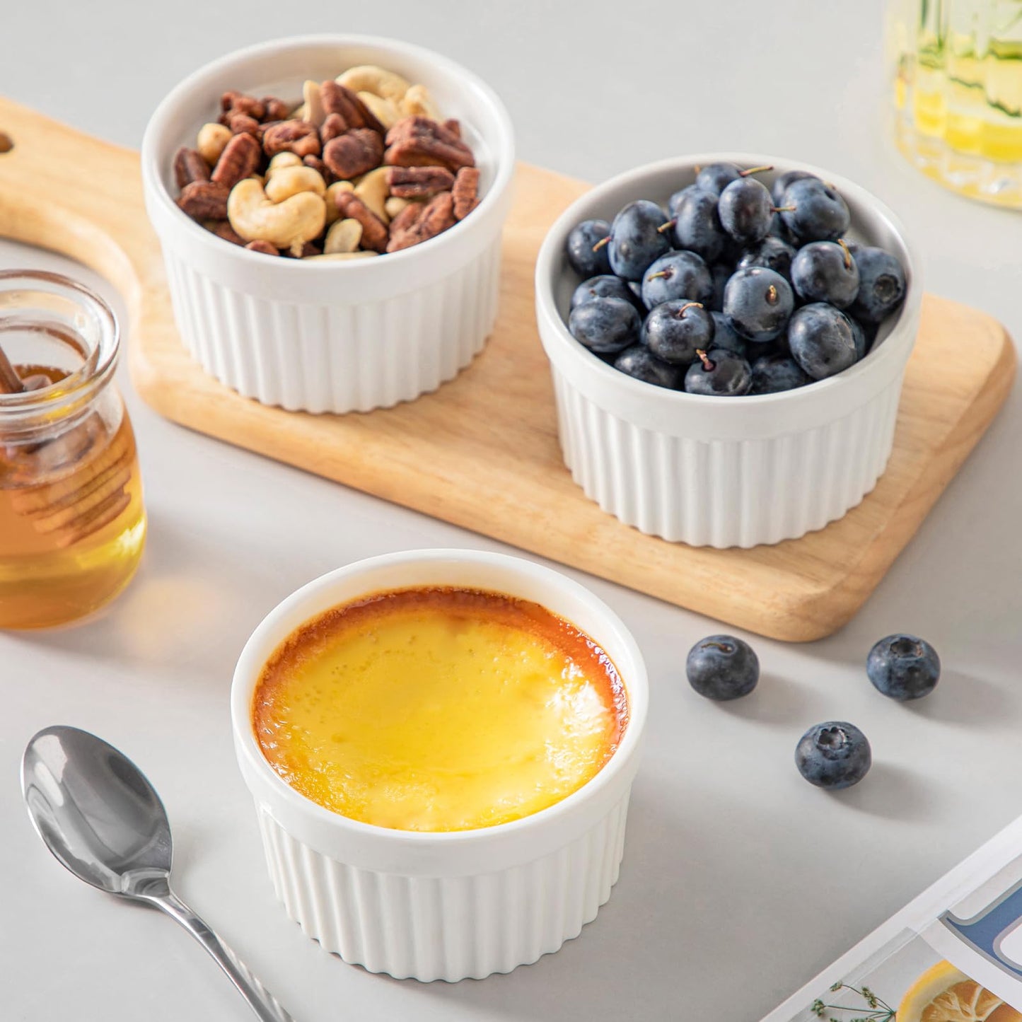 vancasso 6 oz Ramekins with Lid, Porcelain Creme Brulee Souffle Dishes, White Pudding Custard Cups Ramiken for Baking, Dishwasher and Oven Safe, Set of 6