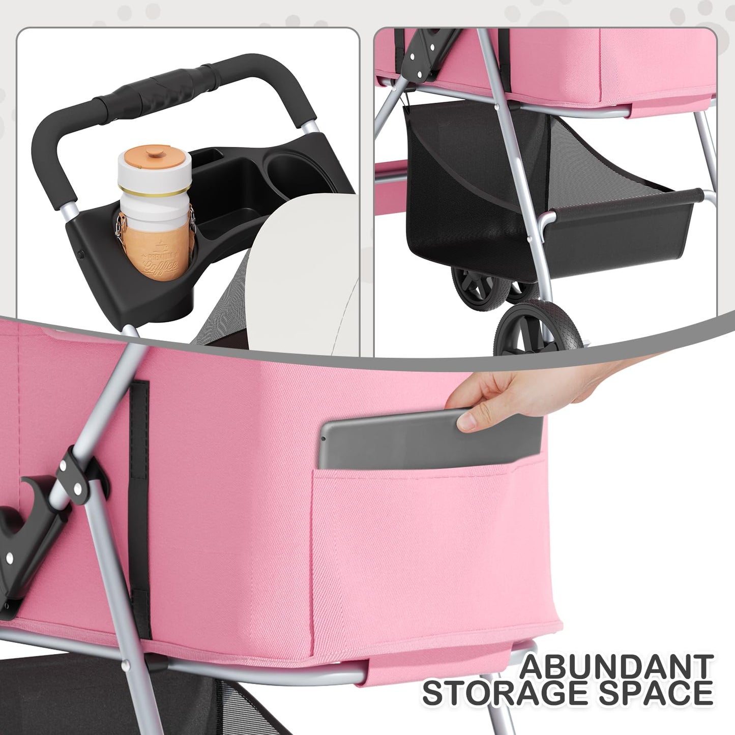 MoNiBloom 3 in 1 Foldable Pet Stroller for Small & Medium Dogs, Detachable Carrier, Car Seat, Push Button Entry, 4-Wheel Jogger for Pets up to 33 lbs, Pink