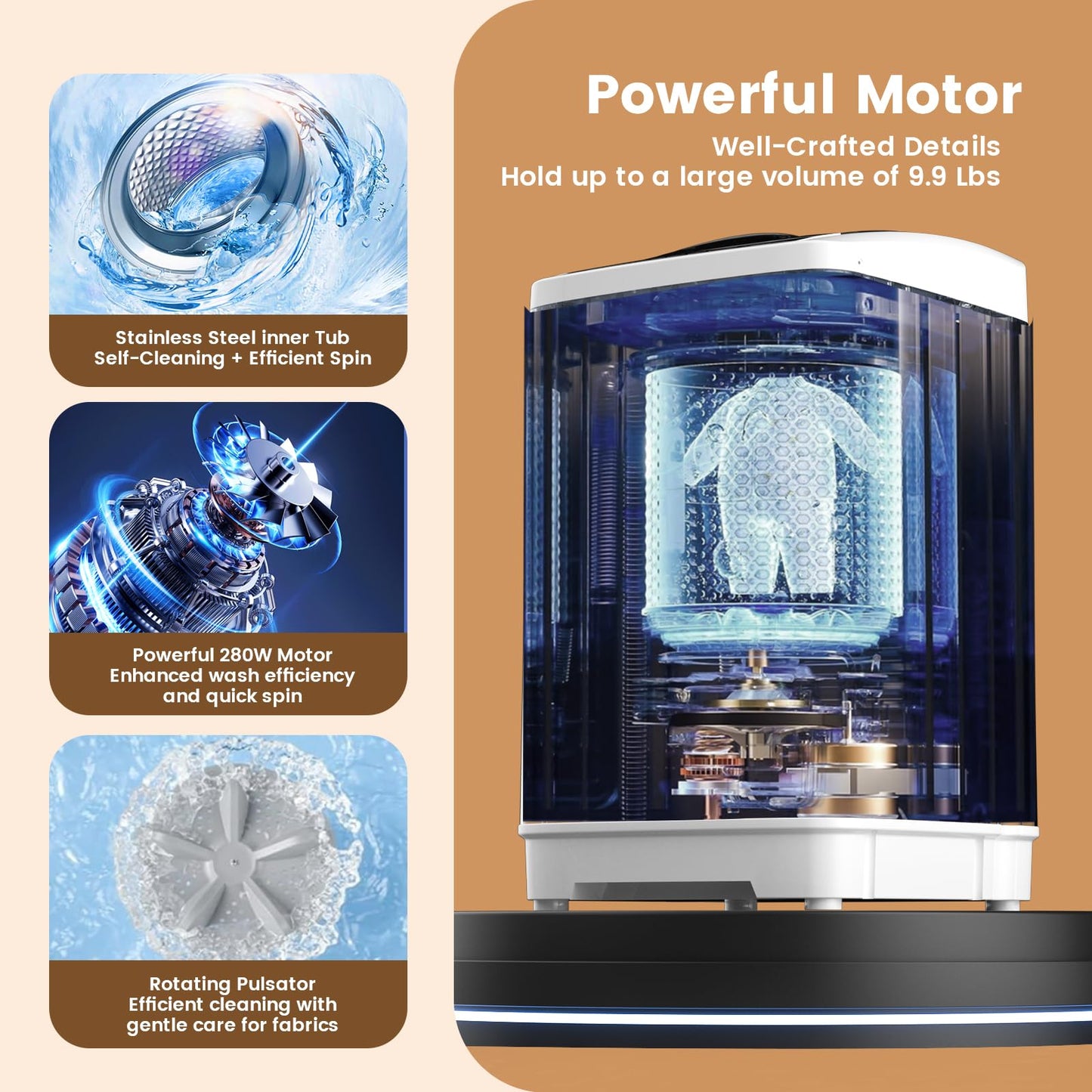 BANGSON Portable Washing Machine, 1.08 cu.ft Portable Washer with LED Display, Built-in Drain Pump, 8 Cycles, Mini Washer for Home, Apartment, Dorm, White
