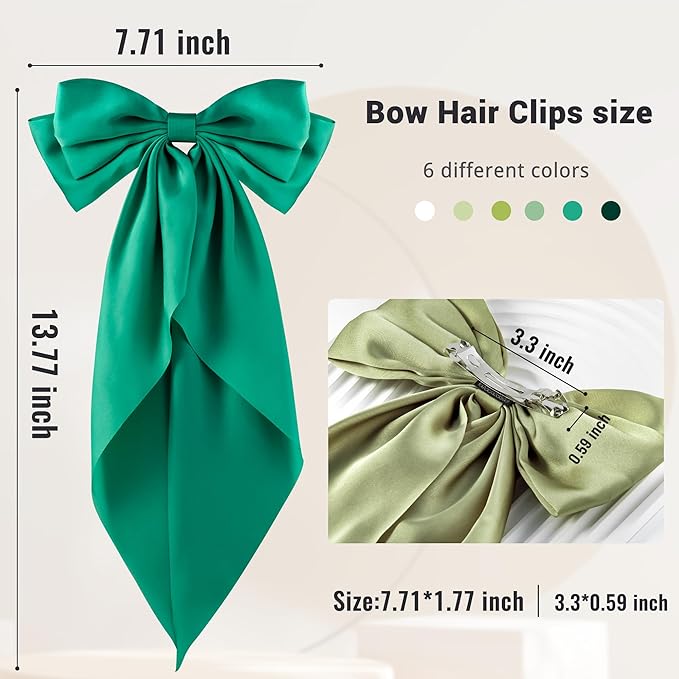 6Pcs Large Bows Hair Clips for Women Girls Long Tail Hair Ribbon Silky Satin Barrettes Coquette Bows Accessories (Black/Blue/Green/White)