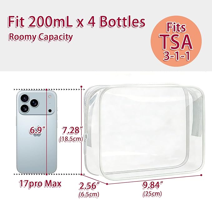 6 Pcs Large Clear Makeup Bags, TSA Approved Toiletry Bags for Travel, Waterproof Clear Pouches with Zipper, Plastic PVC Cosmetic Organizer Case for Women Men Vacation Bathroom Essentials (White Large)