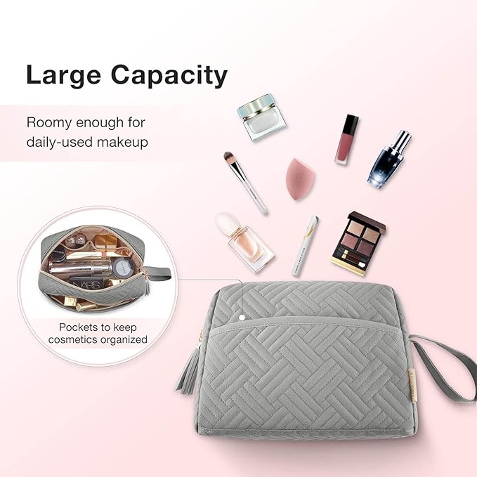 BAGSMART Makeup Bag, Elegant Roomy Cosmetic Pouch for Purse,Travel Zipper Pouch,Water-resistant Toiletry Bag,Makeup Accessories Organizer, Grey
