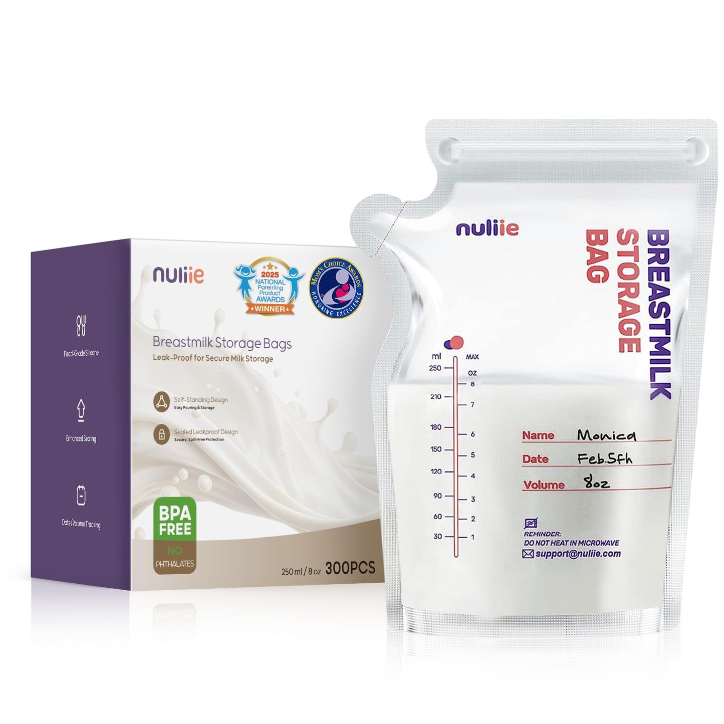 Nuliie 300 Pcs Breastmilk Storage Bags Freezer, 8 OZ Breast Milk Storing Bags, BPA-Free, Milk Storage Bags with Pour Spout for Breastfeeding, Self-Standing Bag, Space Saving Flat Profile