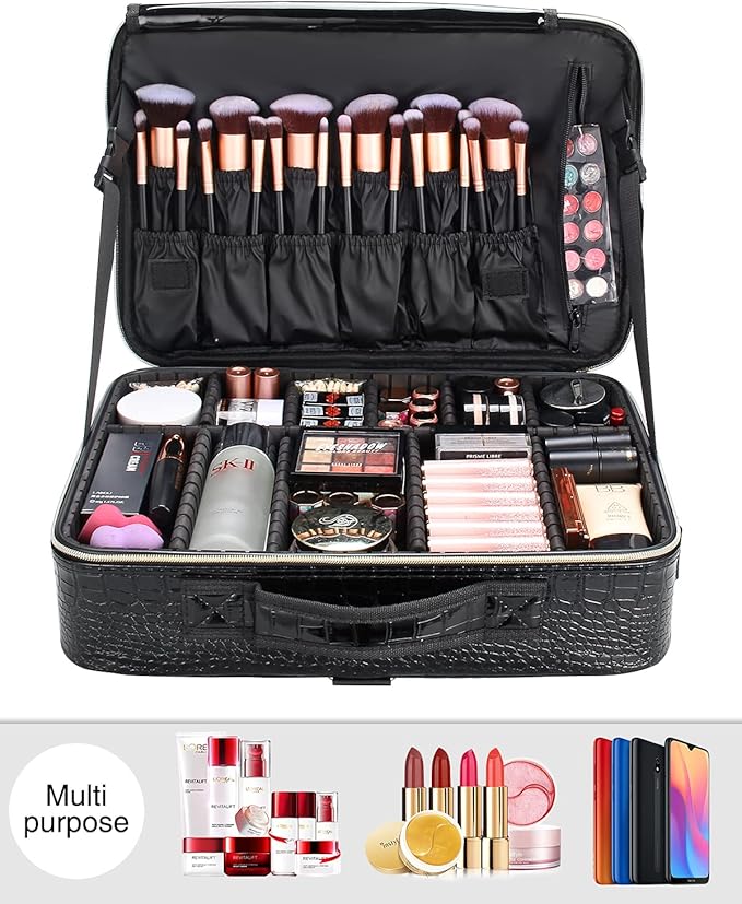 Relavel Professional Train Case - 16.5 Inch Travel Cosmetic Organizer, Waterproof Makeup Artist Storage Box with Large Capacity (Crocodile Pattern)