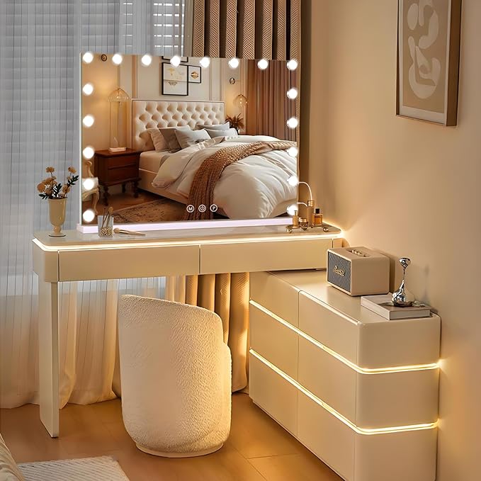 Vanity Mirror with Lights, Large Makeup Mirror with LED Lights, Smart Touch Dimmable 3-Color Light, Memory Function, USB Charging Port
