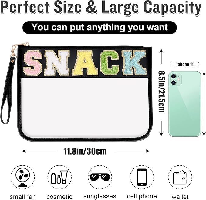 Chenille Letter Clear Snack Bag Purse, Monogram PVC & PU Zipper Pouch With Wristlet, Waterproof Portable Glitter Makeup Beach Toiletry Bag for Women Girls (SNACKS-Black)
