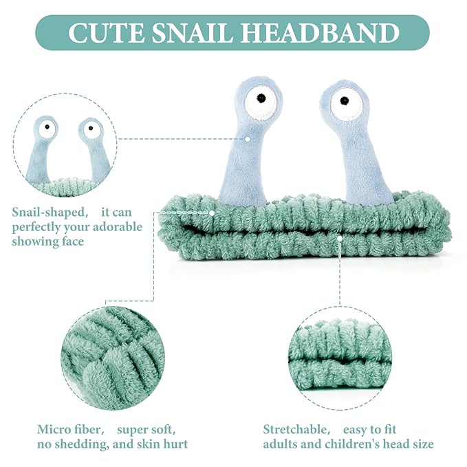 Face Wash Headband, Palm and Snail Spa Hair Bands Makeup Headbands Women Cartoon Cute Coral Fleece Elastic Headband Creative Hair Accessories for Washing Face Shower Sports (Blue and Green)