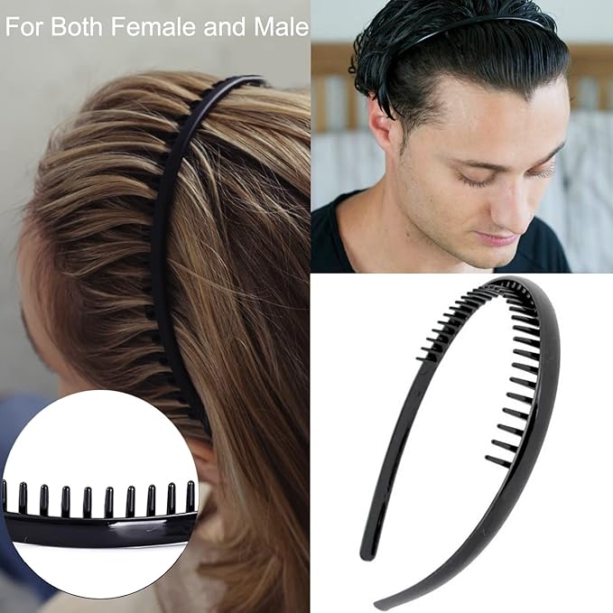 ULTIMUTE 8 PCS Fashion Effortless Plastic Headbands with Teeth Comb Black Skinny Headbands No Slip Hair Accessories Bands for Women Men Teen Girls, Bright Black