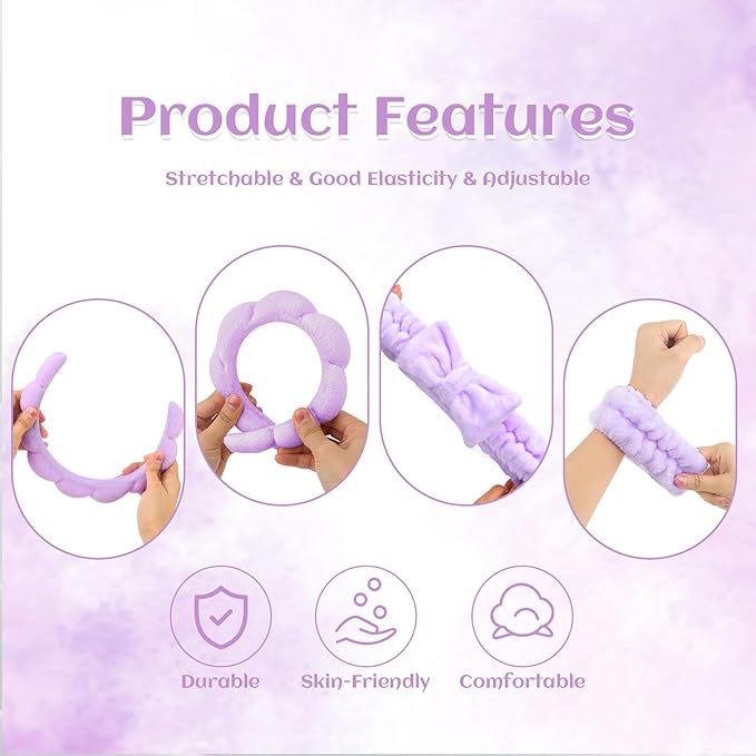 6 Pcs Terry Cloth Spa Headbands and Wristbands - Sponge Makeup Removal Headbands for Skincare, Shower, and Face Washing