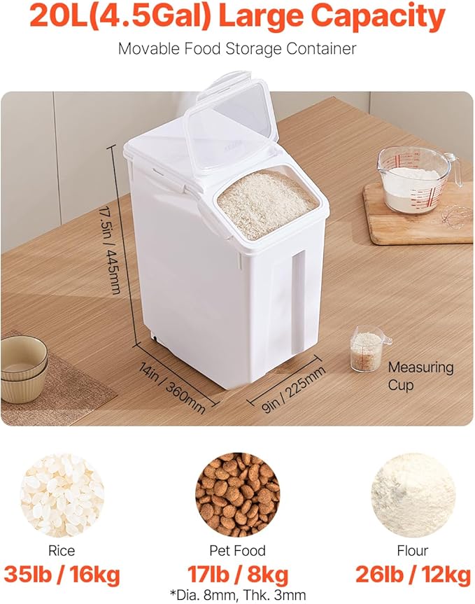 VEVOR Rice Storage Container, 4.5Gallon/20L Capacity Large Dog Food Dispenser Bin, Kitchen Ingredient Grain Cereal Flour Bin, Pet food Containers with Wheels, Measuring Cup, Airtight Lid, 1 Pack