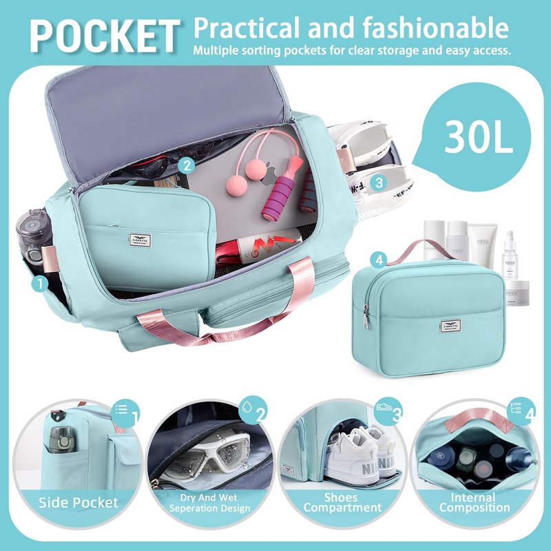 FIORETTO Women's Gym Duffle Bag with Shoes Compartment, 30L Capacity, Ideal for Travel, Gym, Sports, Duffel, Weekender, with Toiletry Bag, Green & Pink