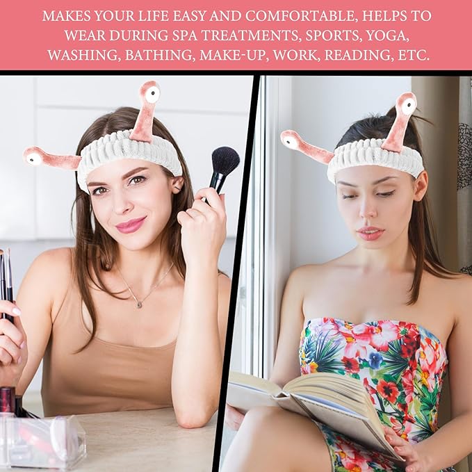 Face Wash Headband, Palm and Snail Spa Hair Bands Makeup Headbands Women Cartoon Cute Coral Fleece Elastic Headband Creative Hair Accessories for Washing Face Shower Sports (Pink&White)