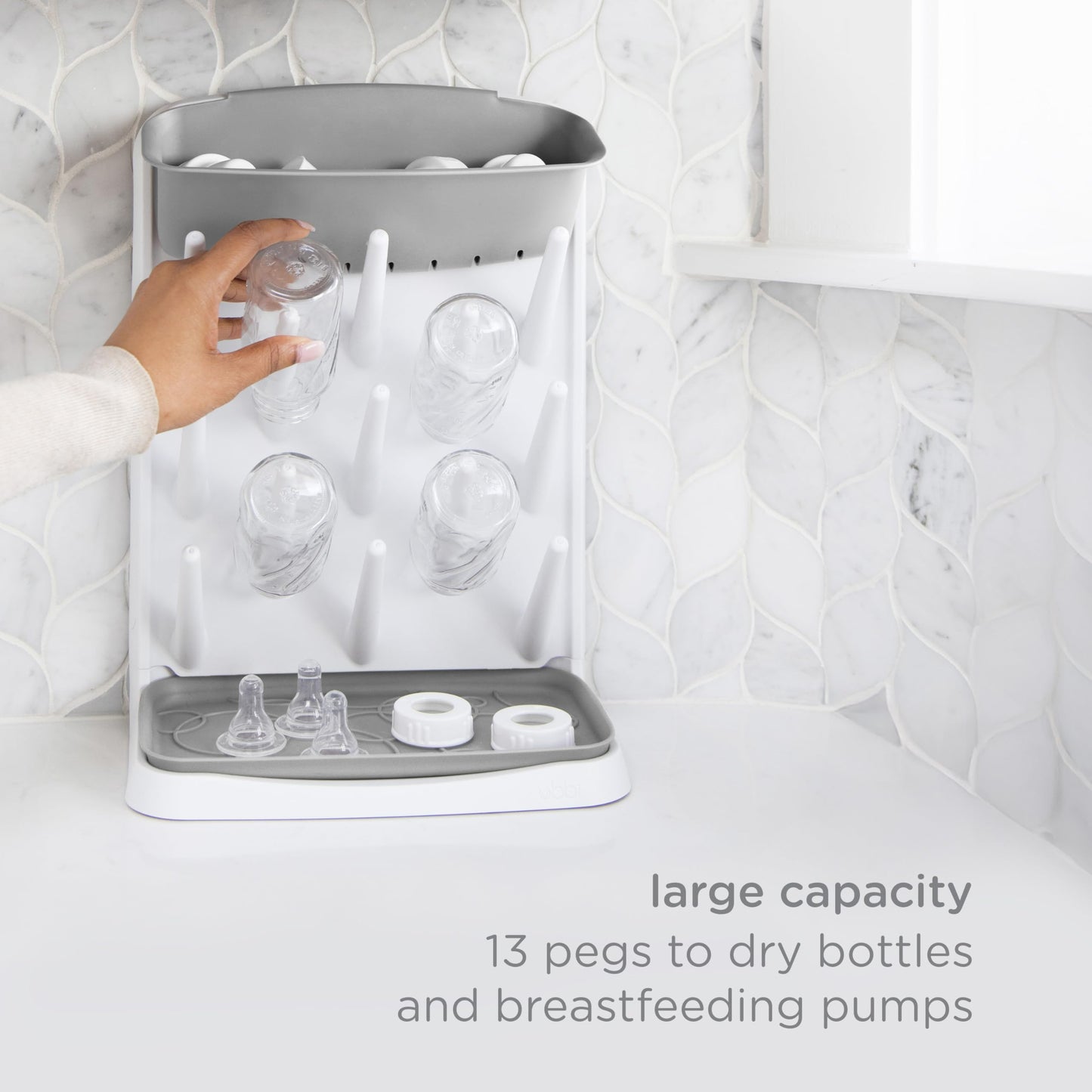 Ubbi Vertical Baby Bottle Drying Rack, Space Saving Countertop Drying Rack Baby Organizer, Gray