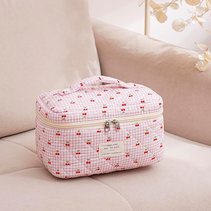 uekeboag Large Travel Quilted Makeup Bag for Women, Floral Cotton Cosmetic Bag, Coquette Aesthetic Floral Toiletry Organizer Bag