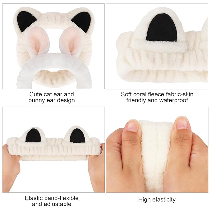6pcs Ears Spa Headband and Wristband Set, Cute Cat Ears and Bunny Ears Makeup Headbands for Washing Face, Coral Fleece Elastic Head Band for Women Girls