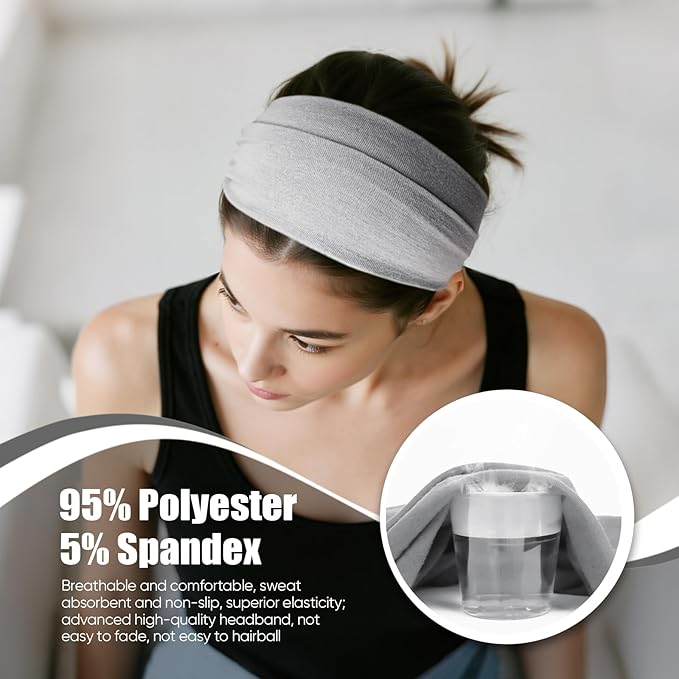 HSEM Headbands for Women, Non Silp Wide Hair Bands, Elastic Thick Head Bands, Stretchy Soft Sports Sweat Bands for Spa Workout Running Gym, Cotton Cloth Hair Accessories 6Pcs, Two Black/White/Gray
