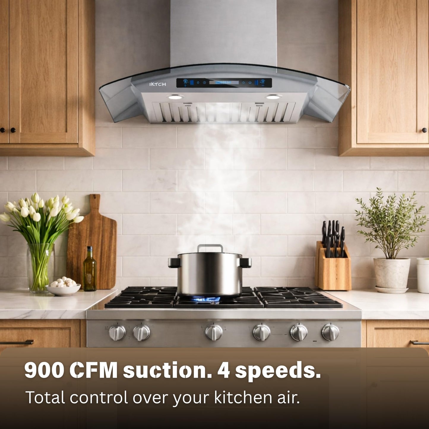 IKTCH 30 inch Wall Mount Range Hood Tempered Glass 900 CFM, Ducted Kitchen Vent Hood Stainless Steel, 4-Speed Gesture, Touch & Remote Control, with 2 Baffle Filters and LED Lights (IKP03-30)