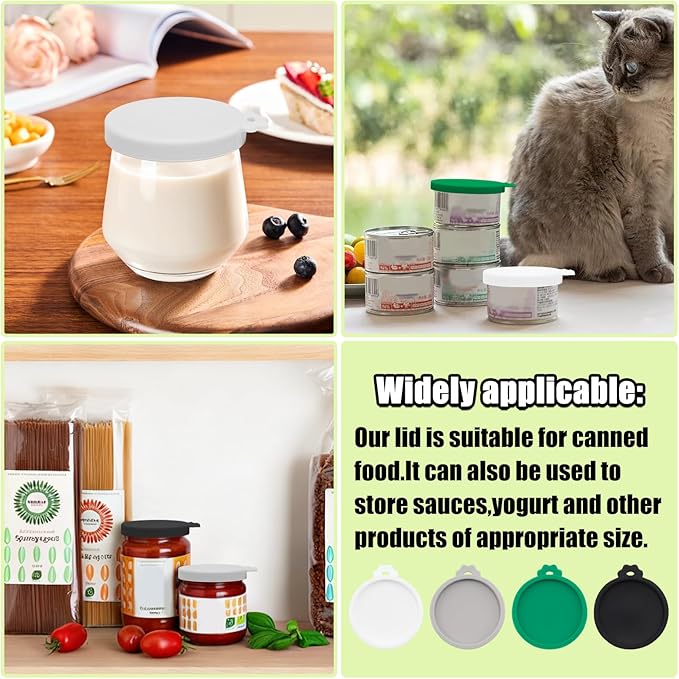 PINE & LINEN 4 Pcs 2.5inch Durable Pet Can Lids,Silicone Small Pet Can Covers Waterproof Cat Food Cans Lids for 3 oz Cat Food Cans(White+Gray+Dark Green+Black)